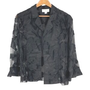 Peter Martin Womens 14 Top Linen Black Sheer Textured Floral Distressed Blouse